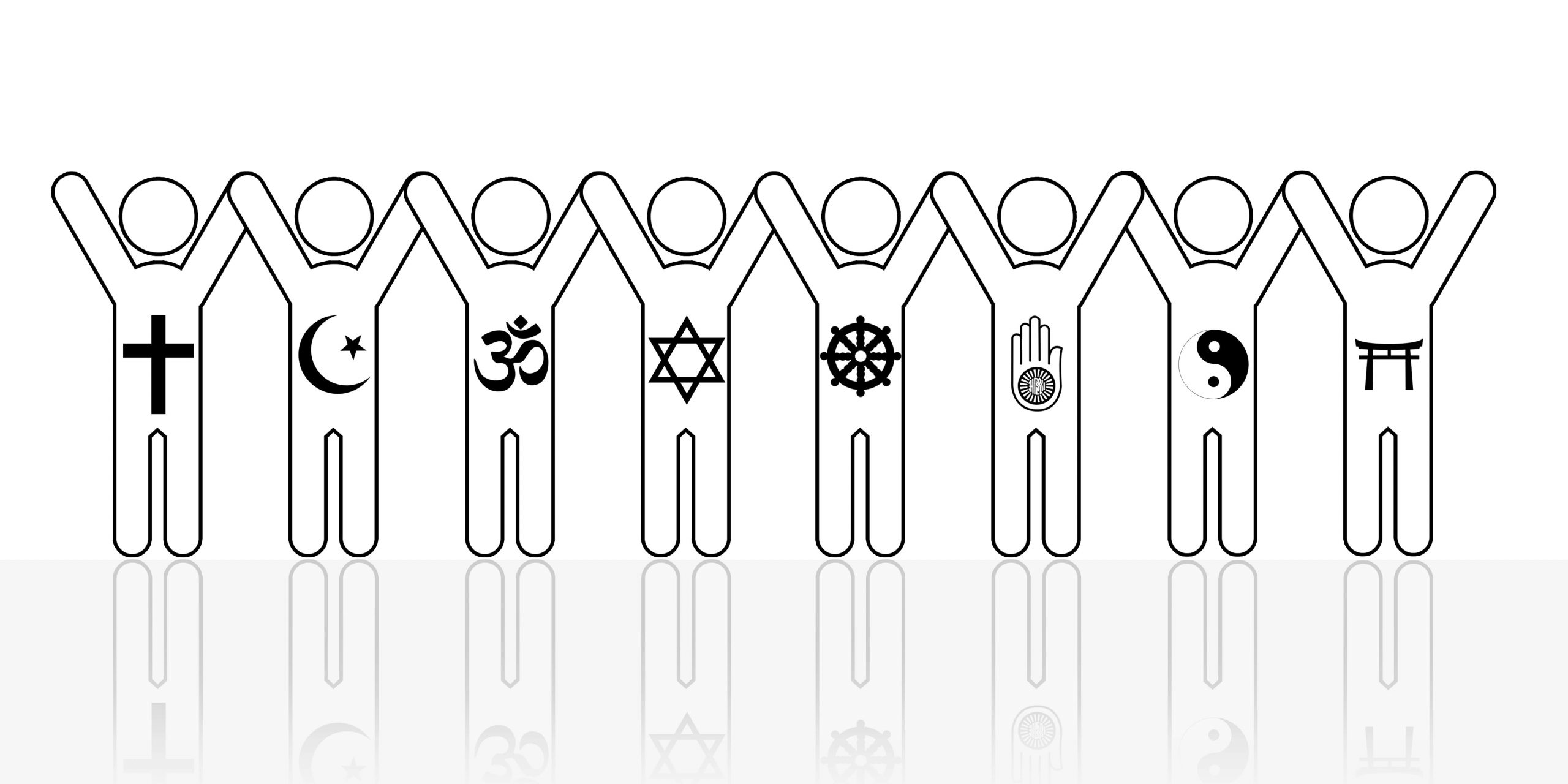 Outlines of 8 people each with a different religion associated to them