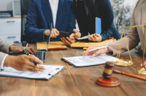 Four people in business attire sit at a desk with legal documents, a laptop, and a gavel. They are discussing paperwork, with scales of justice and folders visible, suggesting a legal or law office meeting.