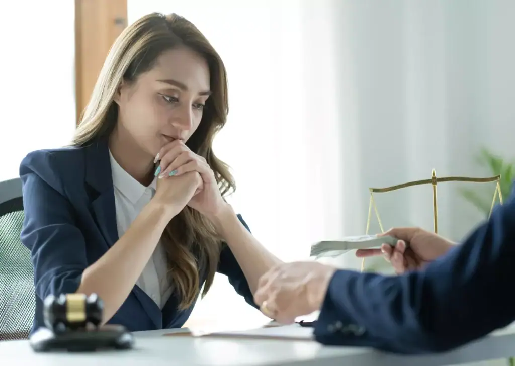 A woman in business attire sits at a desk, looking thoughtful with her hands clasped near her face, while another person hands her a stack of cash—hinting at risk adjustment fraud. A gavel and scales of justice are on the table.